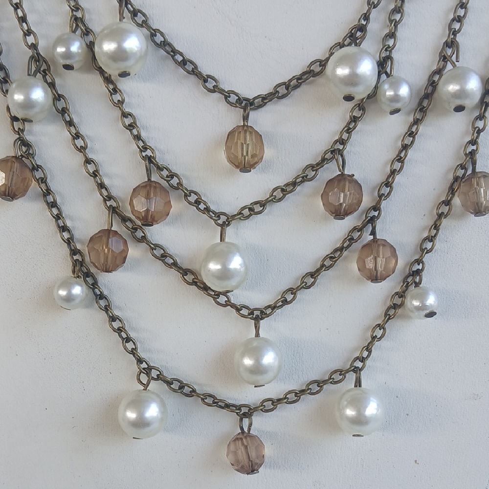 Paparazzi Layered Pearl and Brown Bead Brass Necklace LONG - Picture 4 of 9